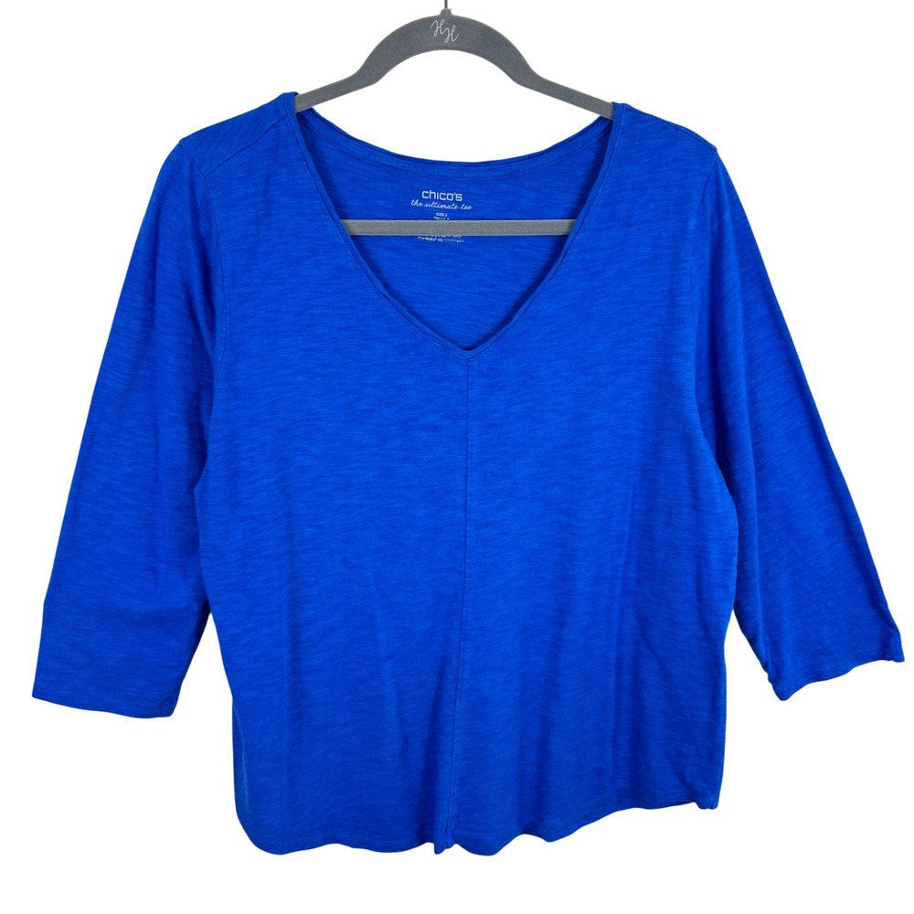 Chico's The Ultimate Tee Women Size 2 Large Blue V-Neck 3/4 Sleeve Slub Knit Top